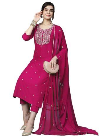 GoSriKi Women’s Cotton Blend Embroidered Kurta Set with Pant & Dupatta – Straight Calf‑Length, 3/4 Sleeve, Round Neck – Elegant Ethnic Attire (5 Colors, S–5XL)