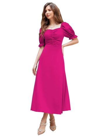 Shasmi Girl's & Women's Solid A-Line Ruched Puff Sleeve Maxi Long Evening One Piece Long Dress for Women Stylish (Dress 131)