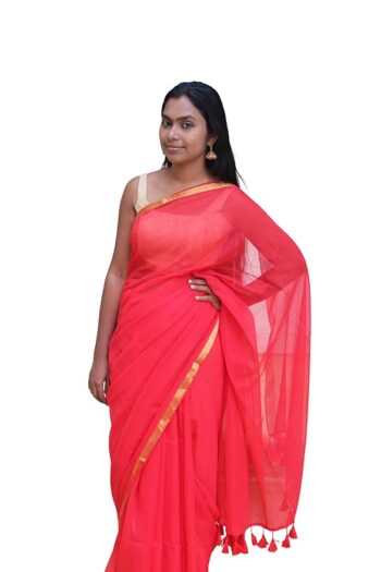 Soft Mul Cotton Saree for Women | Red Saree with Golden Border | Lightweight Saree with Tassels | Traditional Ethnic Saree