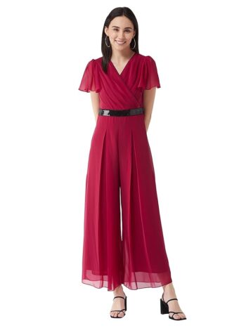 Miss Chase Women's Solid Relaxed Fit Short Sleeve V-Neck Jumpsuit with Pockets