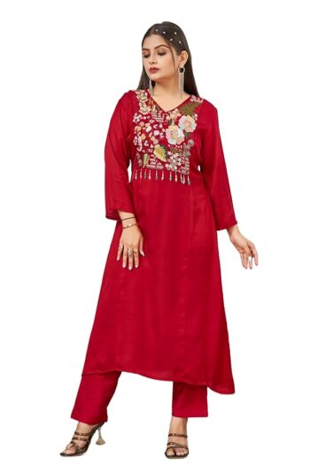 SWORNOF Women's Embroidery Work Kurta with Palazzo Set
