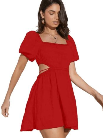 Aahwan Solid Summer Beach Square Neck Puff Sleeve Cut Out Waist Mini Dress For Women's & Girls