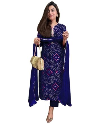GoSriKi Women's Rayon Viscose Straight Bandhej Printed Kurta with Pant & Dupatta