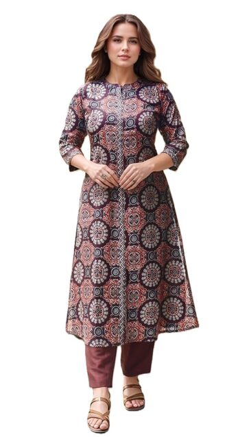 विधा Women's Cotton Ajrakh Printed A-Line Kurta | Kurti for Women