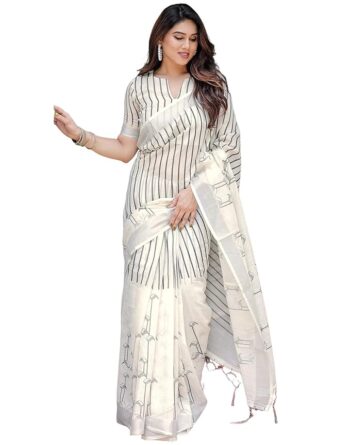 SIRIL Women's Cotton Linen Printed Saree with Unstitched Blouse Piece
