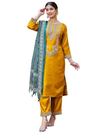 VredeVogel Kurta Set with Dupatta | Silk Blend Kurta Set for Women | Women's Ethnic Casual Kurti Set |Kurta Pant Festive Suit
