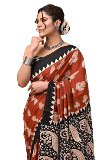 Crafts Moda Hand Block Ajrakh Print Cotton Saree for women with Blouse | Soft comfortable wear sari