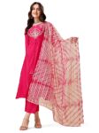 EthnicJunction Women's Cotton Silk Embroidered A-line Front Slit Kurta Palazzo & Organza Dupatta Set
