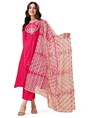 EthnicJunction Women's Cotton Silk Embroidered A-line Front Slit Kurta Palazzo & Organza Dupatta Set