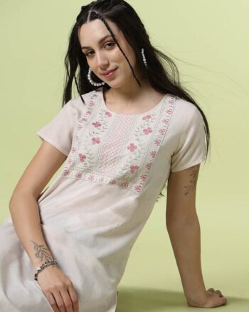 Women Straight Kurta with Embroidered Yoke