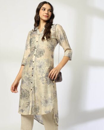 Women Floral Print High-Low Hem Straight Kurta