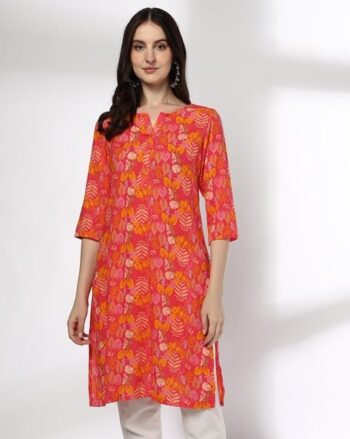 Women Leaf Print Straight Kurta