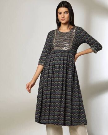 Women Printed Flared Kurta with Embroidered Yoke