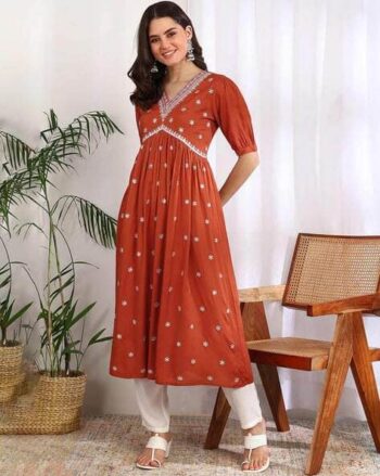 Women Embroidered Flared Kurta
