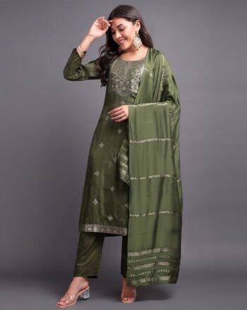 Women Floral Woven Straight Kurta with Pants & Dupatta