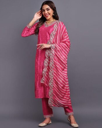 Women Embroidered Straight Kurta Pants Set with Dupatta
