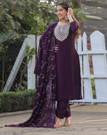 Women Embroidered Straight Kurta with Pants & Dupatta