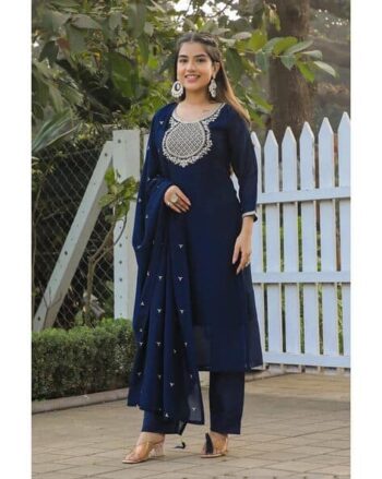 Women Embroidered Straight Kurta with Pants & Dupatta