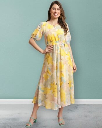 Women Floral Print Fit & Flare Dress with Tie-Up Belt