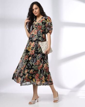 Women Floral Print V-Neck A-Line Dress