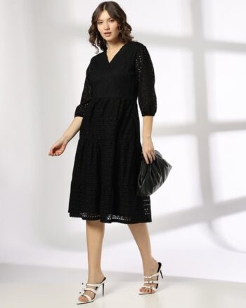 Women Schiffli Embroidered Overlap A-Line Dress