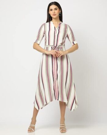 Striped Shirt Dress with Waist Tie-Up