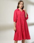 Women Foil Print Midi Tiered Dress