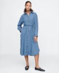 Women Relaxed Fit Denim Shirt Dress with Tie-Up Waist