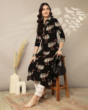 Calf Length Printed Straight 3/4 Sleeves Shirt Collar Kurta