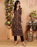 Printed Rayon Calf-Length Straight Shirt-Collar Kurta
