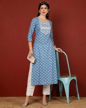 Printed Cotton Calf-Length Straight Kurta