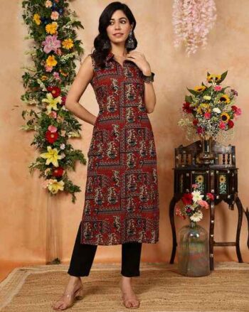 Printed Rayon Calf-Length Straight Shirt-Collar Kurta