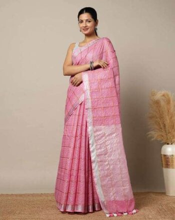 Handwoven Pure Linen Checked Saree