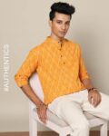 South Ikat Cotton Short Kurta with Roll-Up Sleeves & Patch Pocket