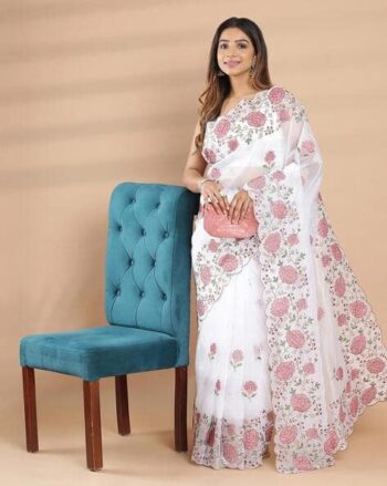Women Organza Embroidery Saree