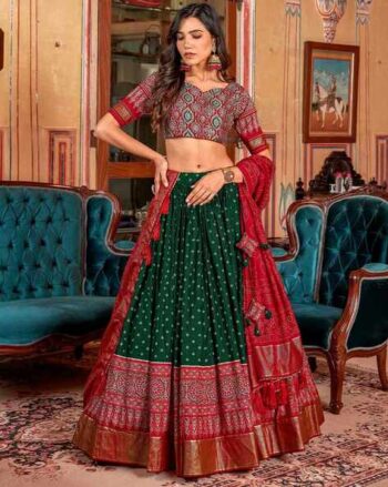 Women Tussar Silk Foil Print Work Traditional Lehenga Choli Set With Dupatta