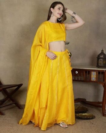 Women Striped Flared Lehenga with Choli & Dupatta