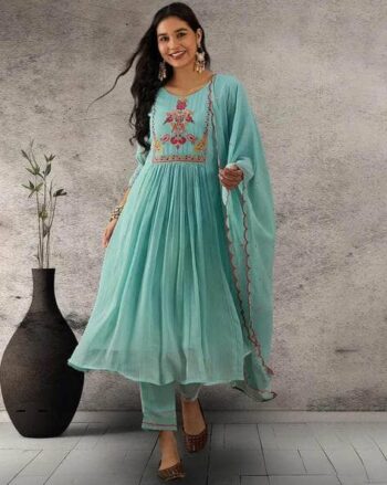 Women Embroidered Straight Kurta with Pants & Dupatta