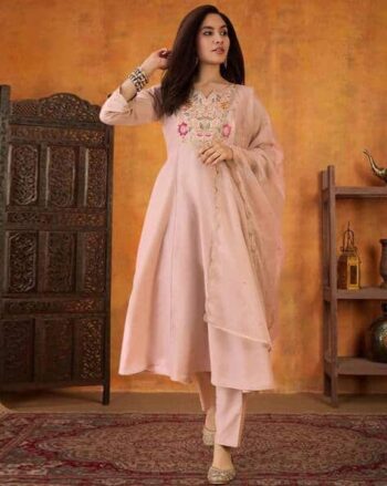 Women Embroidered Flared Kurta with Palazzo & Dupatta