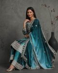 Women Geometric Woven Flared Kurta with Pants & Dupatta