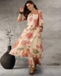 Women Embroidered Flared Kurta with Palazzos & Dupatta