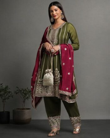 Women Embroidered Straight Kurta with Pants & Dupatta