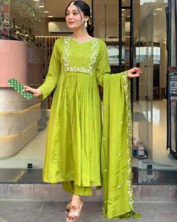 Women Embroidered Anarkali Kurta Pants Set with Dupatta