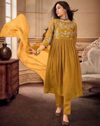 Women Embroidered Flared Kurta with Palazzo & Dupatta