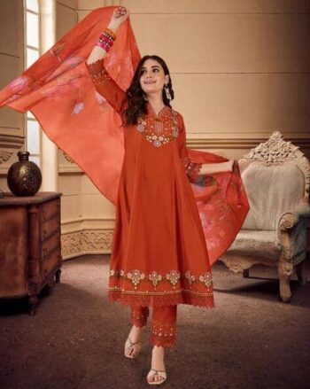 Women Embroidered Straight Kurta with Pants & Dupatta