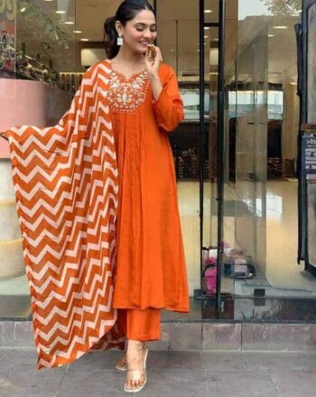 Women Embroidered Flared Kurta with Pants & Dupatta