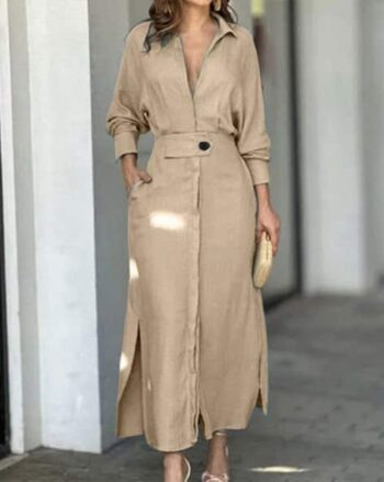 Women Shirt Dress with Waist Tie-Up with Insert Pocket