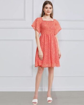 Floral Print Fit & Flare Smocked Dress