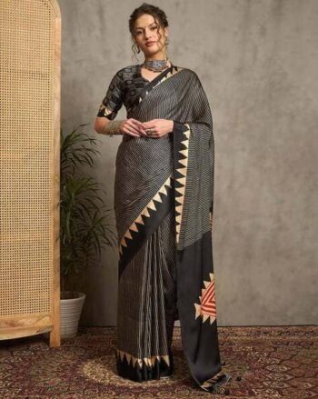 Women Striped Design Tassels and Latkans Pure Crepe Ethnic Motif Saree with Blouse Piece