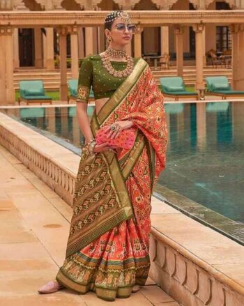 Ikat Print Saree with Contrast Zari Border